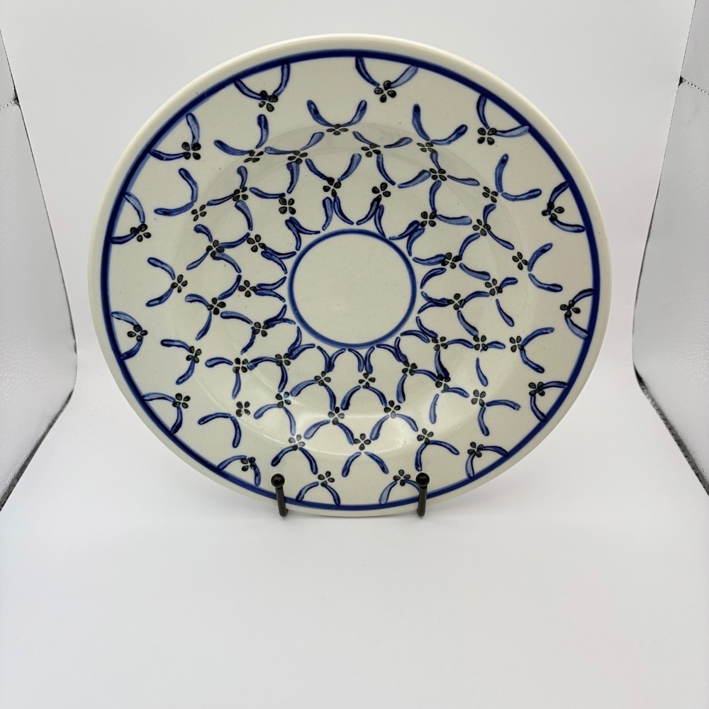 Vintage Boleslawiec Polish Pottery Blue Green Rimmed Pasta Soup Bowl 9.5"